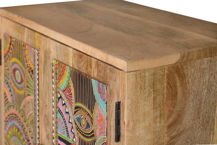 GINER Y COLOMER - Buffet 2 portes en bois de manguier naturel avec motifs ethniques peints à la main - 60 x 60 x 30 cm